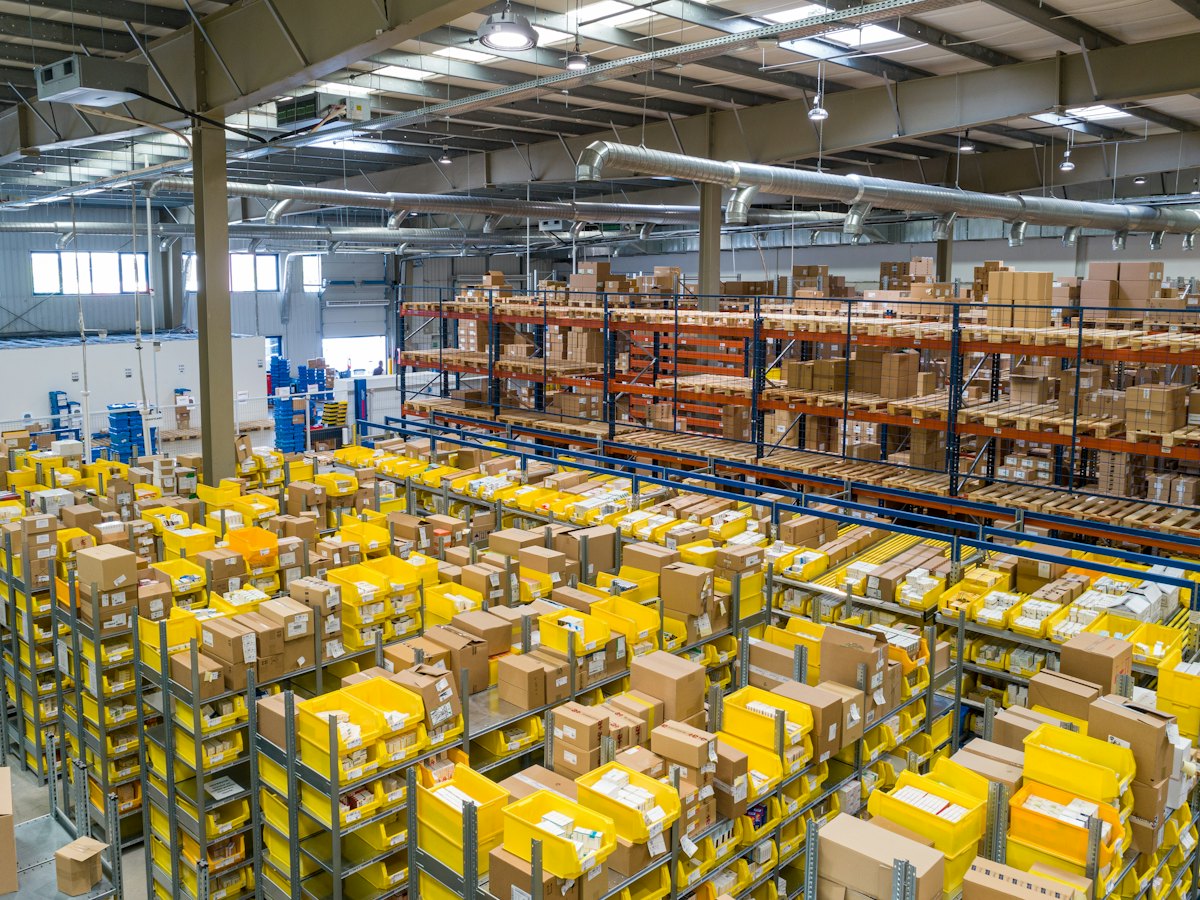 Warehouse shelves stocked with goods
